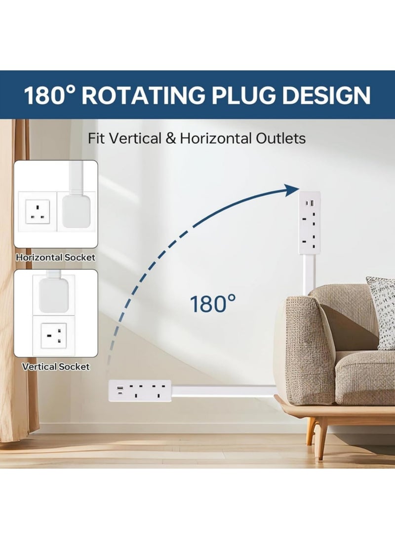 Adando Electrical Outlet Extender Socket with 180° Rotating, 1500W Power Stick with 2 AC, USB-A & USB-C Ports, 71.5cm Extendable Extension Cord Strip, Access Hard-to-Reach Outlets Use Behind Couches, Desk (White) - Image 3